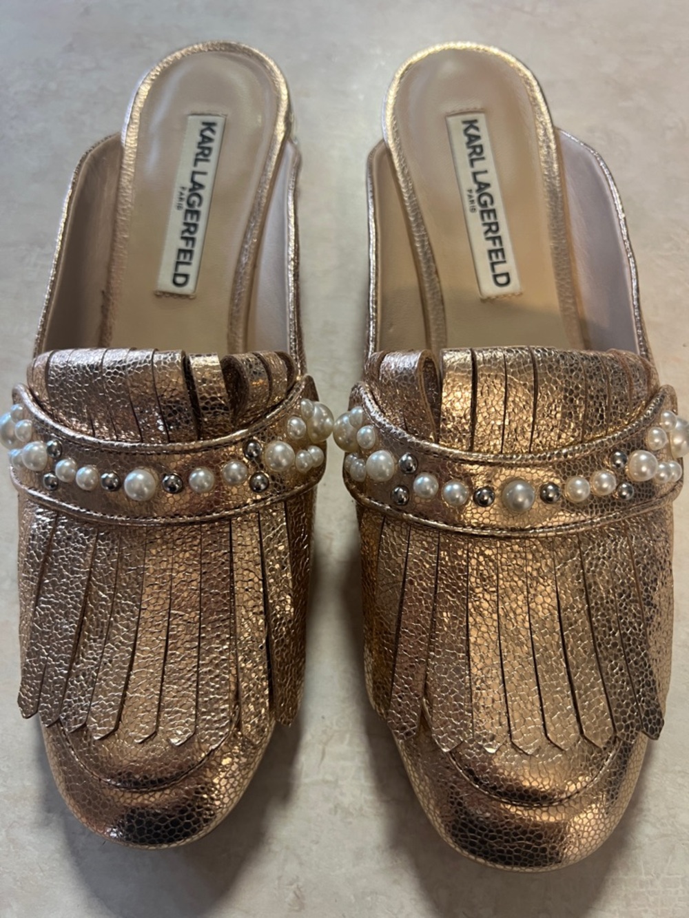 Karl Lagerfeld Metallic Rose Gold Pearl-Trim Fringe Mules